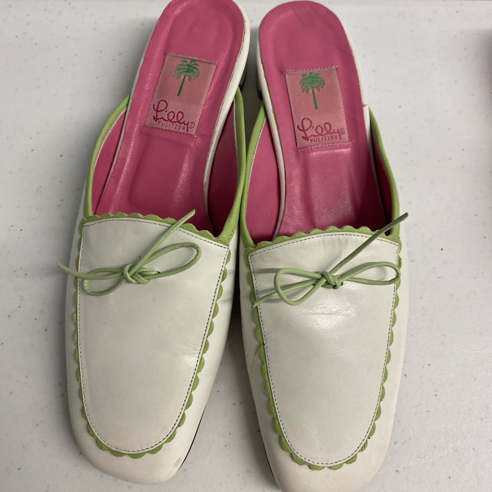 Lilly Pulitzer White and Pink Mules with Green Trim